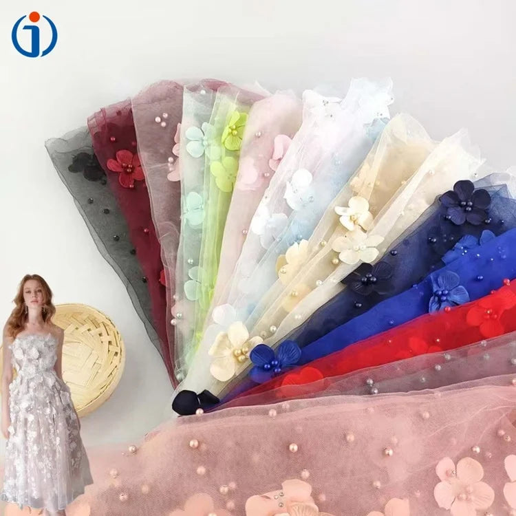 China Suppliers Soft Nylon Orange Pink 3D Flowers Pearl Beaded Lace Tulle Mesh Fabric for Bridal Wedding Dress