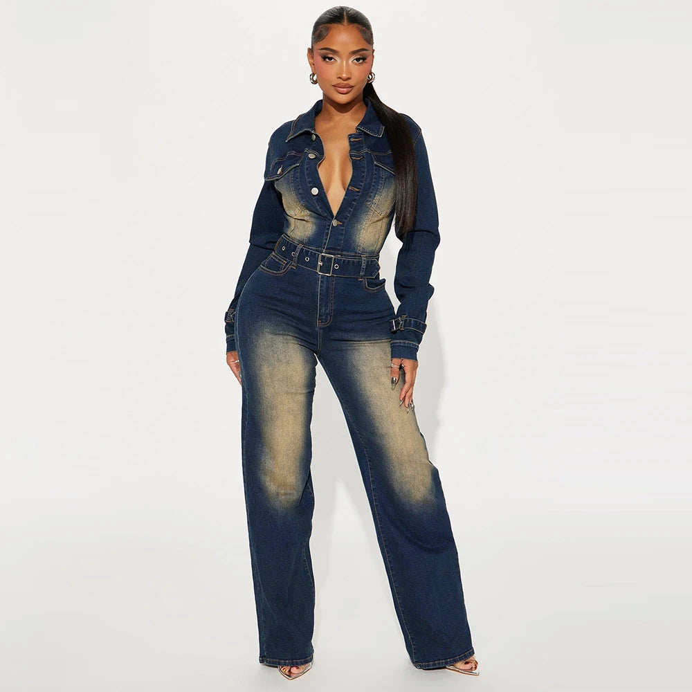 Slim Elastic Flare Washed Denim Jumpsuit Single Breasted Vintage Long Sleeve Formal for Autumn Summer Parties Skinny Solid
