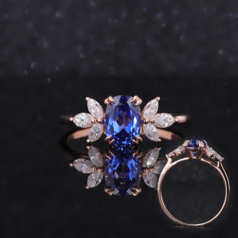 14k 18k Rose Gold Cushion Lab Grown Sapphire 5x7mm Marquise Shape Def Moissanite Engagement Ring