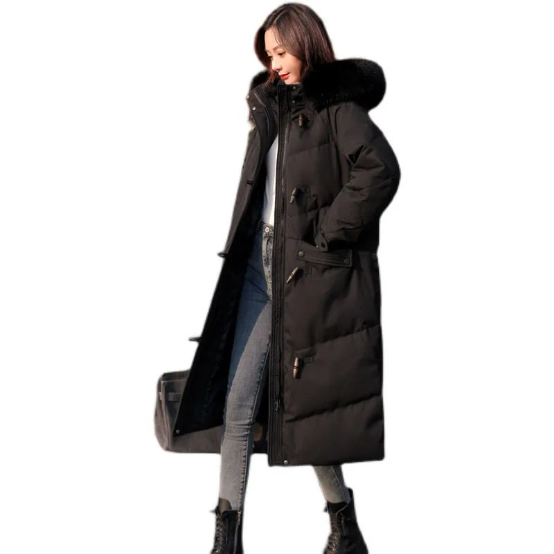 Hot Fur Collar Hooded Coat 2021 Winter Women Down Jackets Lady Street Fashion Slim Warm Clothes 90 White Duck Down Long Overcoat