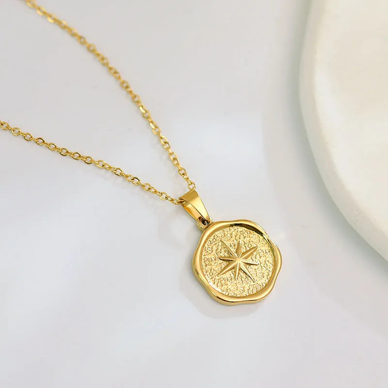 Dainty Jewelry Charm Women Stainless Steel 18K Gold Plated North Star Round Disc Pendant Choker Necklace