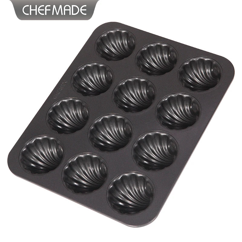 CHEFMADE WK9872 Carbon Steel Non Stick Bakeware Black 12 Cup Nonstick Oven Baking Madeleine Pan