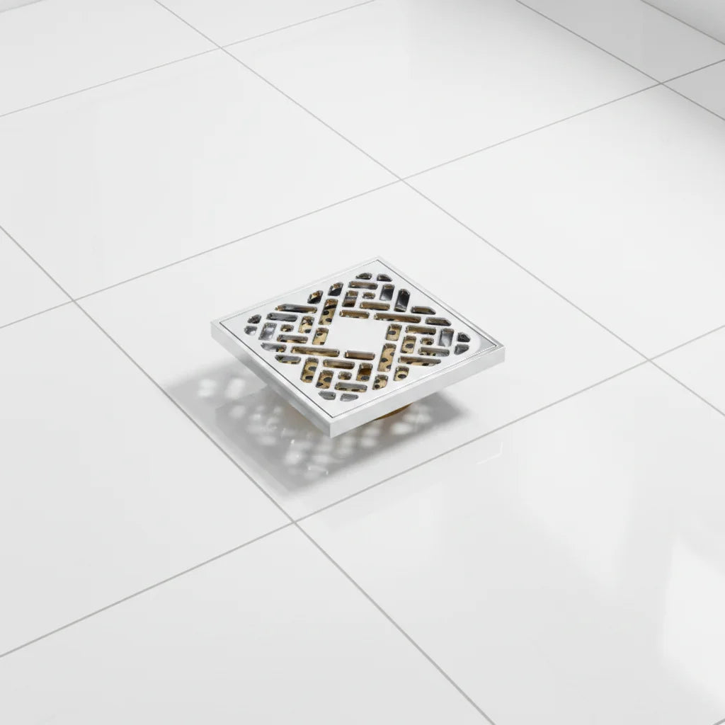 Modern Bathroom Floor Drain Strainer with Pattern Design 4 Inches Square Copper Electroplated Anti-Odor