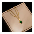 DAIHE Fashion Retro Emerald Green Zircon Stainless Steel 18K Gold Plated Necklace Double Layer Chain Pendant for Women