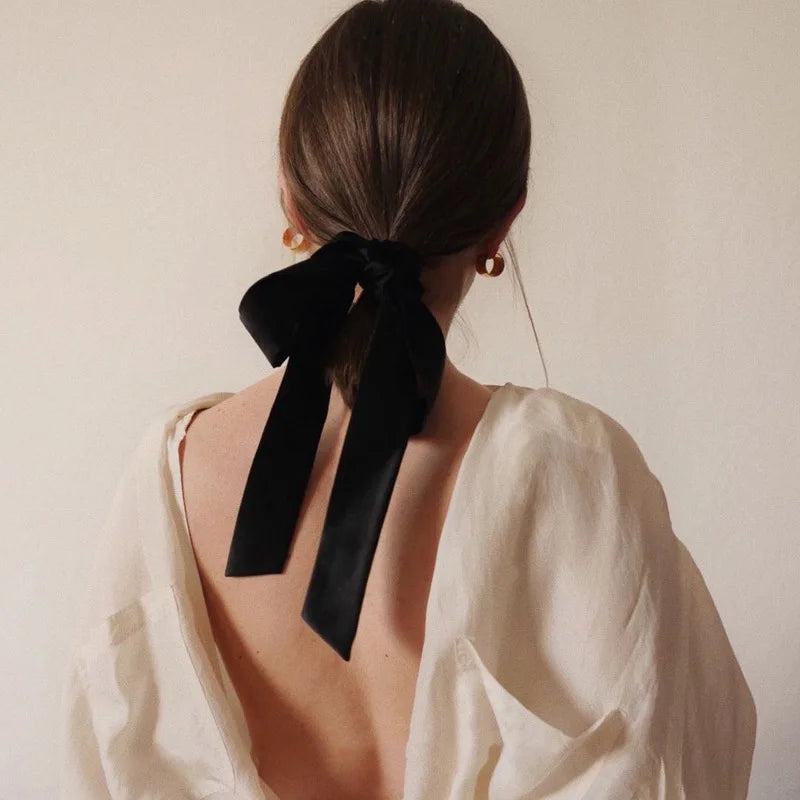 French Retro Ribbon High Elastic Headwear Temperament Headband Black Velvet Senior Bow Hair Rope