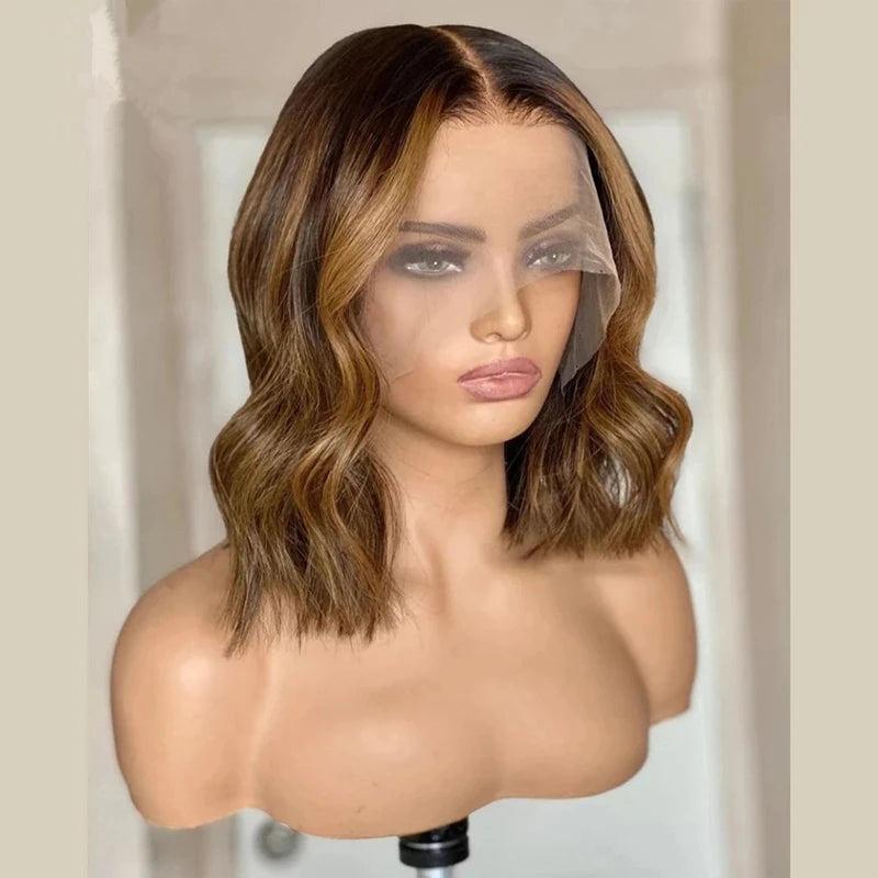 Wholesale Vendor Unprocessed Raw Highlights Brown Color Body Wave Bob Wig Transparent 13x4 Lace Front Human Hair Wigs With Bangs