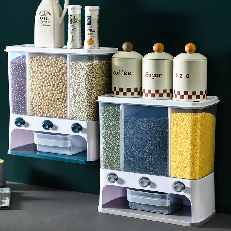 3 Grid Airtight Food Cereal Rice Dispenser Wall Mounted Grain Storage Container Grain Dispenser Kitchen