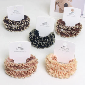 MUJU Korean Gentle Wind Ruffled Lace Elegant Bowknot Scrunchies 2 Card with Ponytail Hair Rope