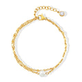 Fashion Ladies Jewelry Adjustable Stainless Steel PVD Gold Plated Double Chain Pearl Charm Bracelet