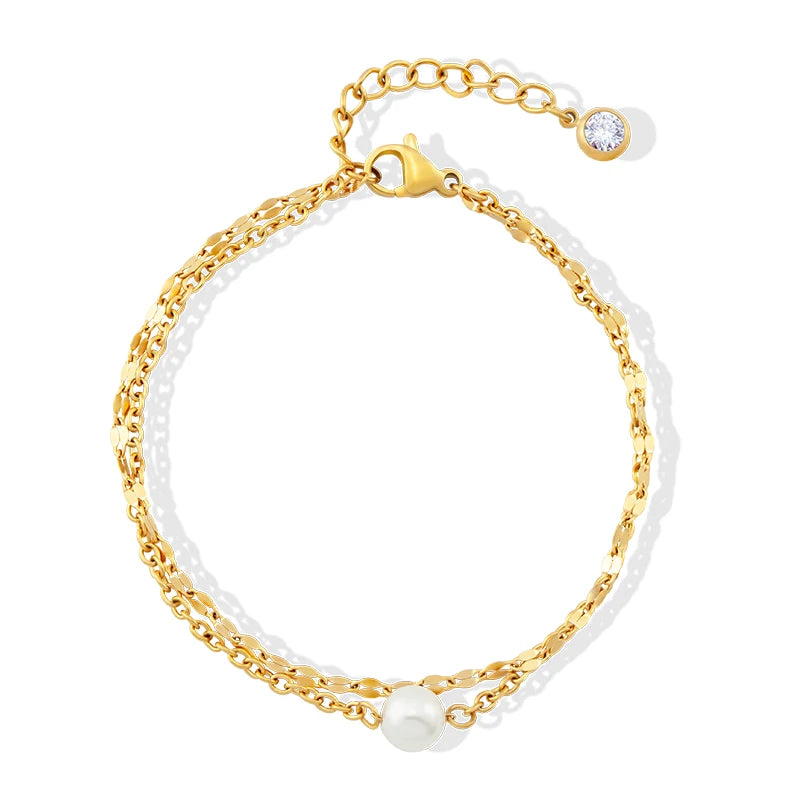 Fashion Ladies Jewelry Adjustable Stainless Steel PVD Gold Plated Double Chain Pearl Charm Bracelet