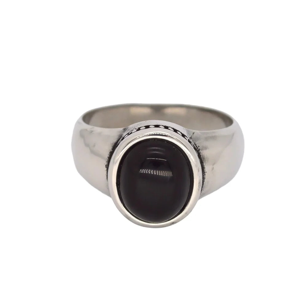 Arab Men Ring With Black Stone Stainless Steel Silver Plate Black Rings for Men Natural Stone