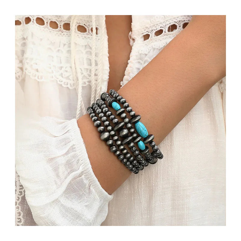 5pcs/Set Navajo Pearl Retro Western Style Turquoise Beaded Brushed Stretch Bracelet Turquoise and (Faux) Navajo Bracelet Stack