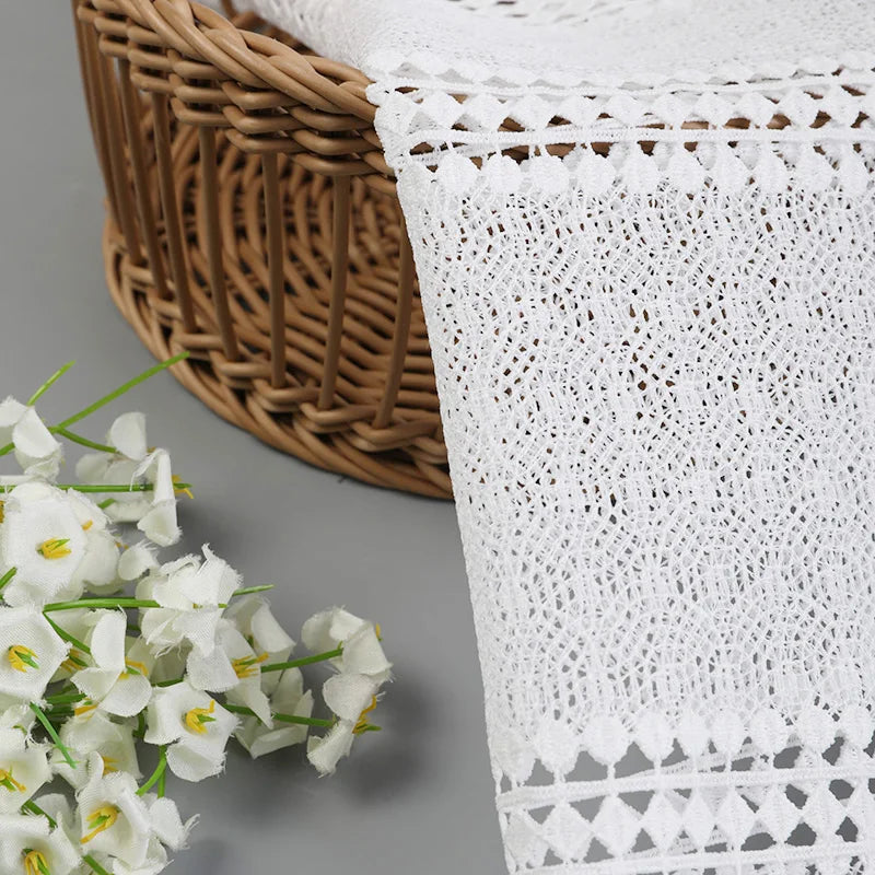 Custom Flower Pattern Eyelet Embroidery Fabric White Lace Geometric Design Knitted Technique for Wedding Bride Home Textiles