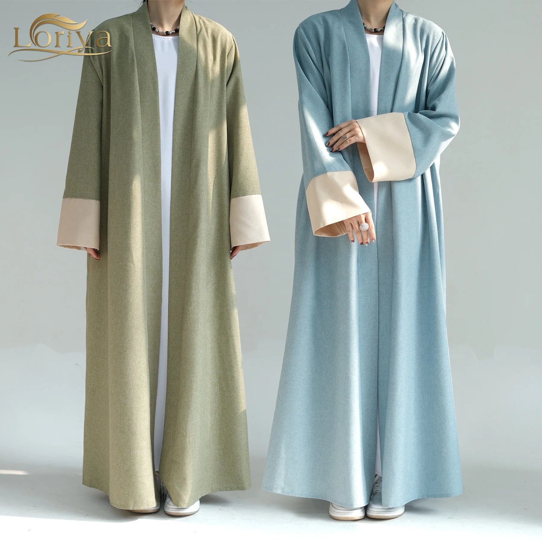 Loriya Islamic Clothing Color-blocked Sleeves Linen Polyester Cardigan Open Abaya Women Muslim Dress Eid Ramadan Collections