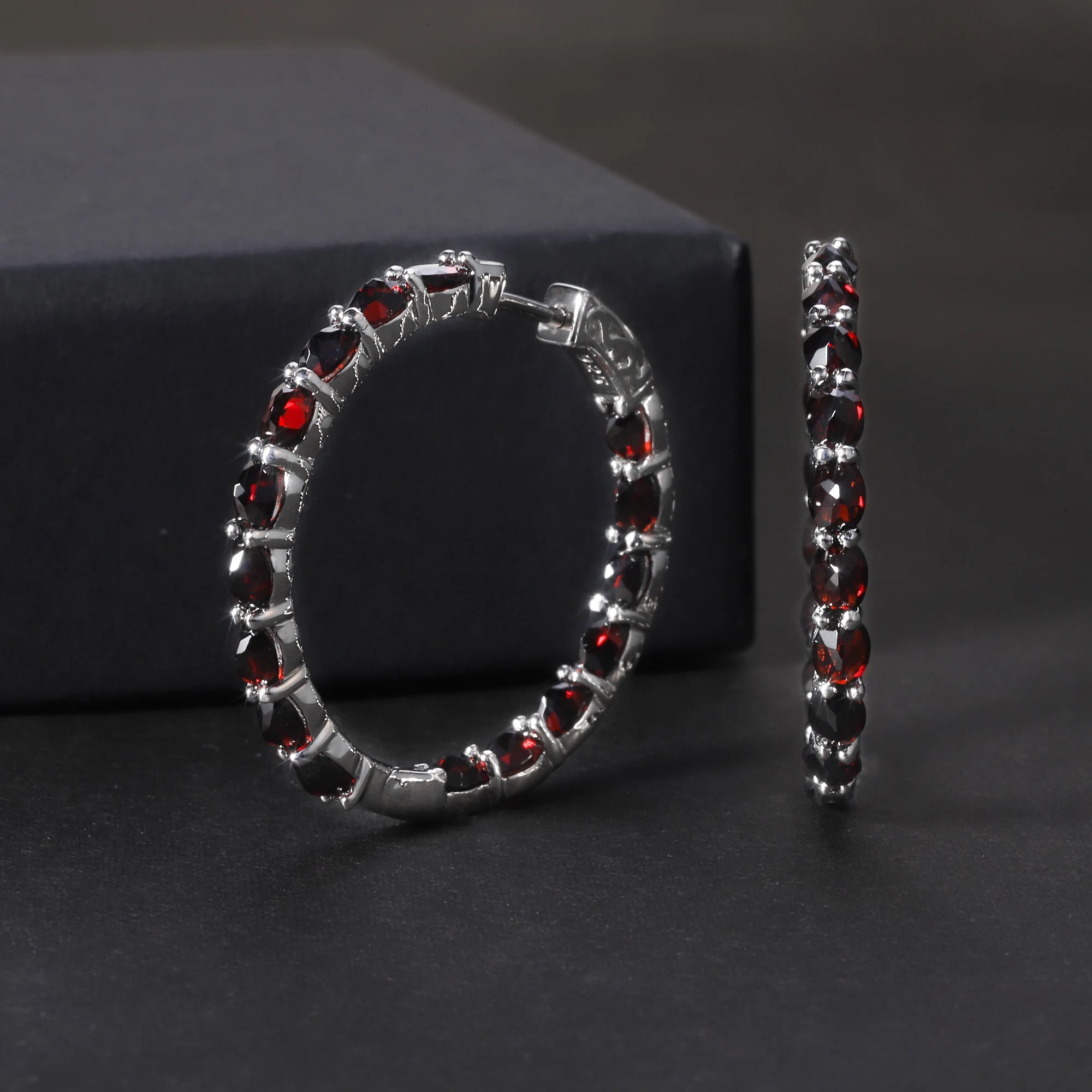 RZ0002 Abiding Jewelry Manufacturer Natural Black Garnet Gemstone Women Custom 925 Sterling Silver Initial Hoop Earrings