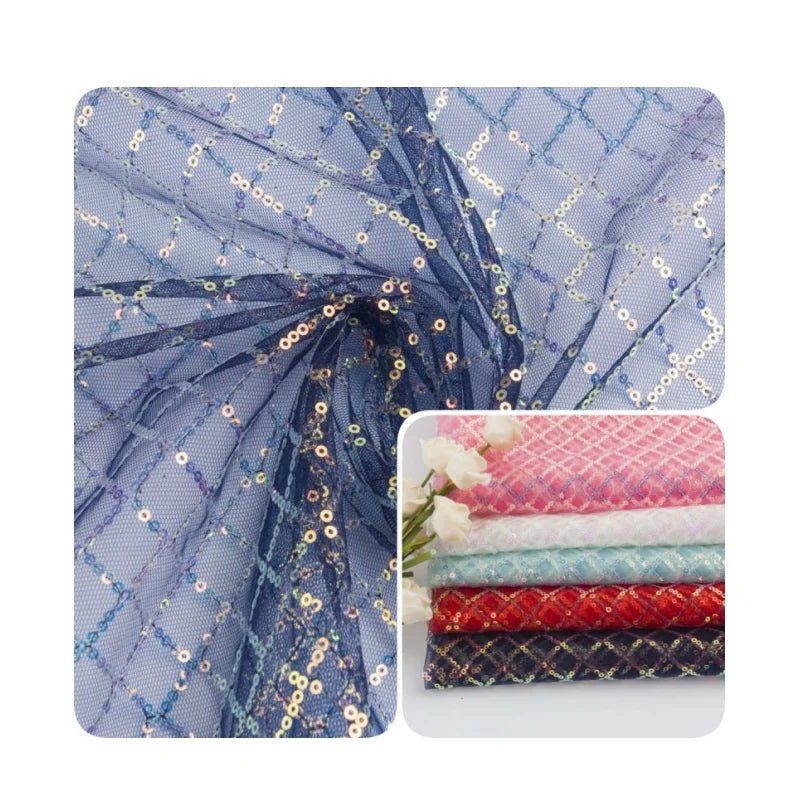 High Quality Mesh Bead Fabric 3MM Sequin Checkered Embroidered Fabric for Wedding Fashion Stage Children's Clothing Dress