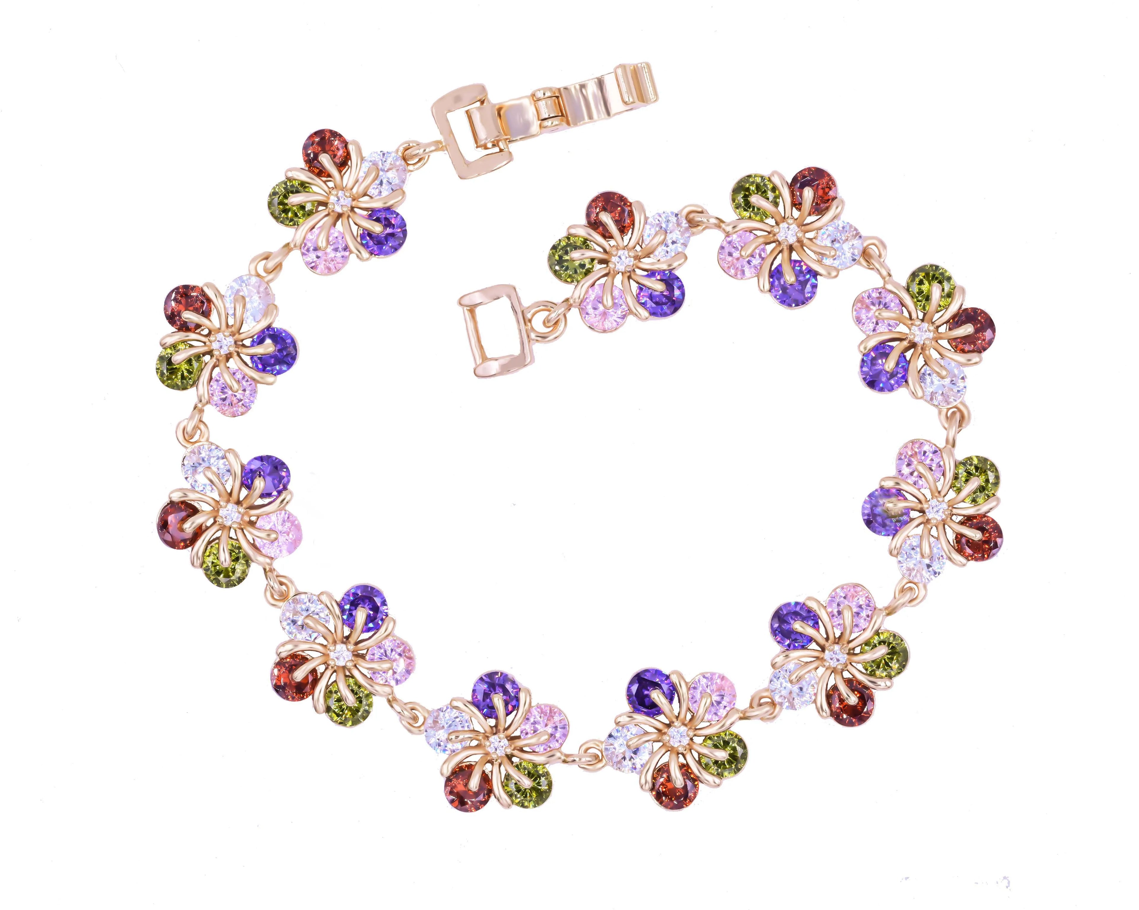 Custom Gold Diamond Brass Copper Zircon Bracelet Chain Fashion Jewelry Women Floral Bracelet 18k Gold Plated Rainbow Bracelets
