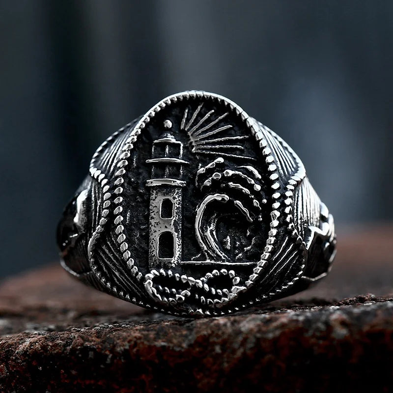 Stainless Steel Lighthouse Men's Jewelry Wholesale Retro Personalized Titanium Steel Ring