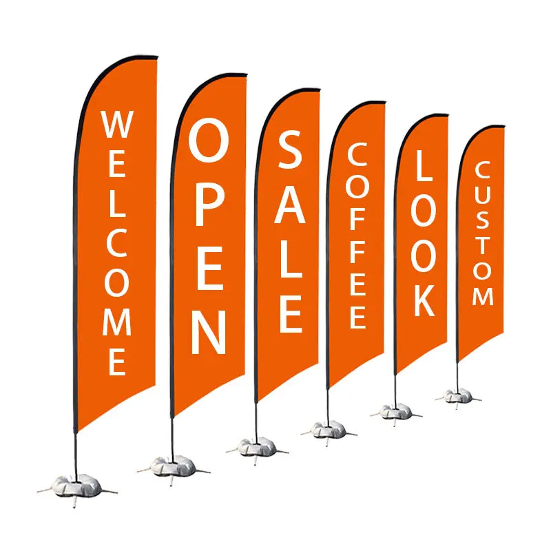 Factory Custom Flags Suppliers Barber Banner Advertising Beach Feather Sign Flags with Base Plastic for Real Estate Open