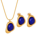 French Triangle Earrings Inlaid Natural Blue Stone Design Pendant Necklace Titanium Steel Jewelry Set Decorations Wholesale