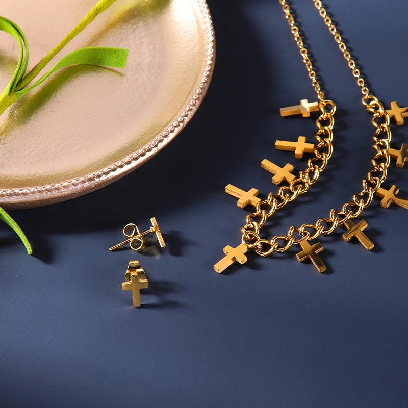 HOVANCI Religious Christian Cross Earring Necklace Set Gold Plated Stainless Steel Jewelry Set for Women