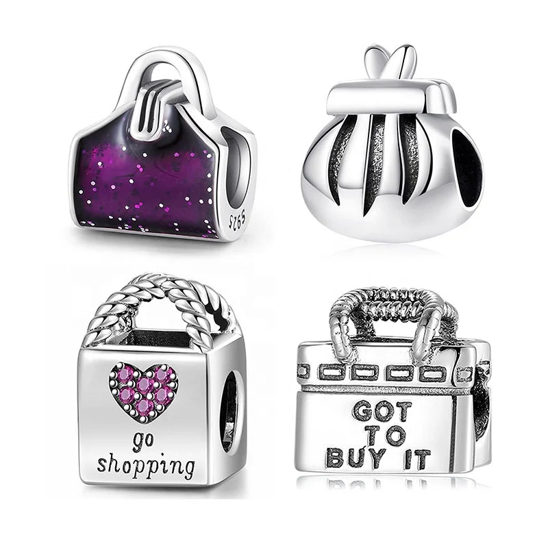 Real 925 Sterling Silver Go Shopping Square Handbag Heart Pattern Beads with pink Zircon Charms for Women Bracelet Jewelry