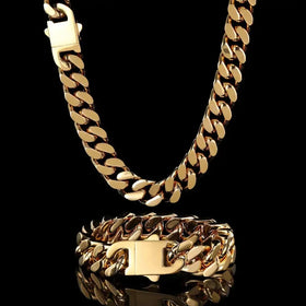 12mm Hip Hop 18k Gold Plated Jewelry Wholesale Stainless Steel Cuban Link Chain Gold Necklace Bracelet for Men