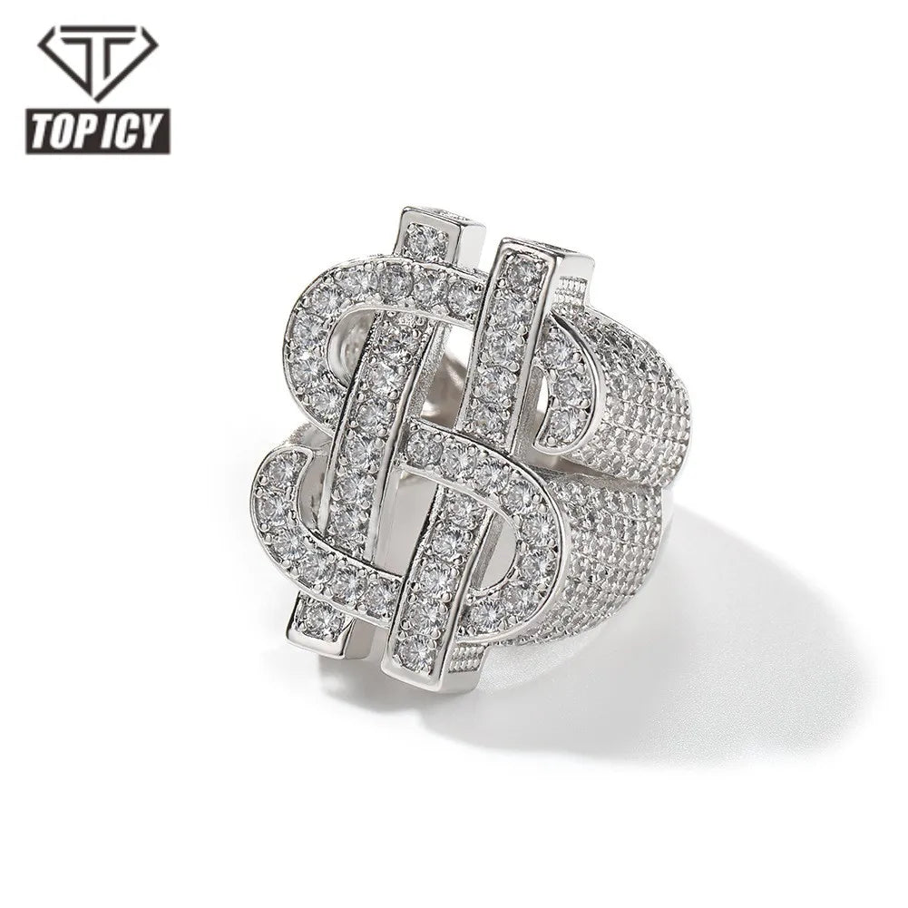 Luxury Full Diamond Dollar Sign Ring Hip Hop Mens Jewelry Iced Out Real Gold Plated Dollar Money Finger Ring