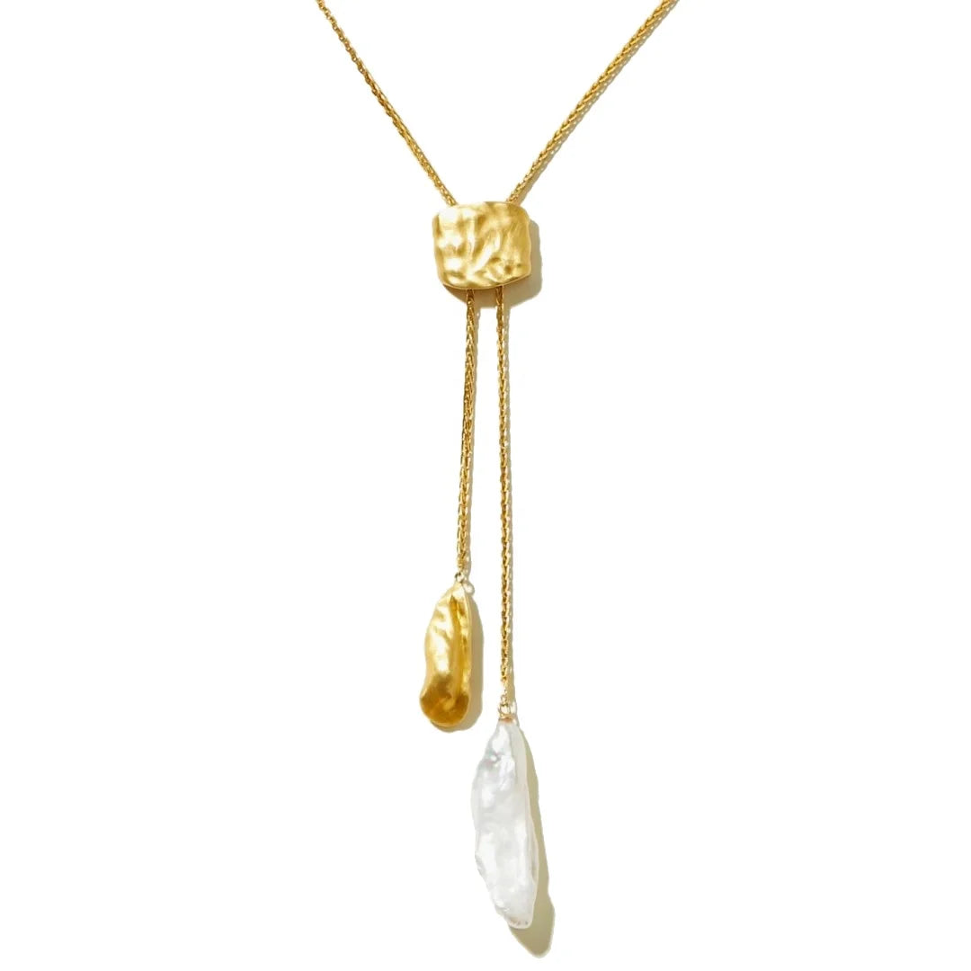 Fashion Minimalist Brass Electroplated 18k Gold Chain Pull Out Adjustable Pearl Pendant Necklace for Women