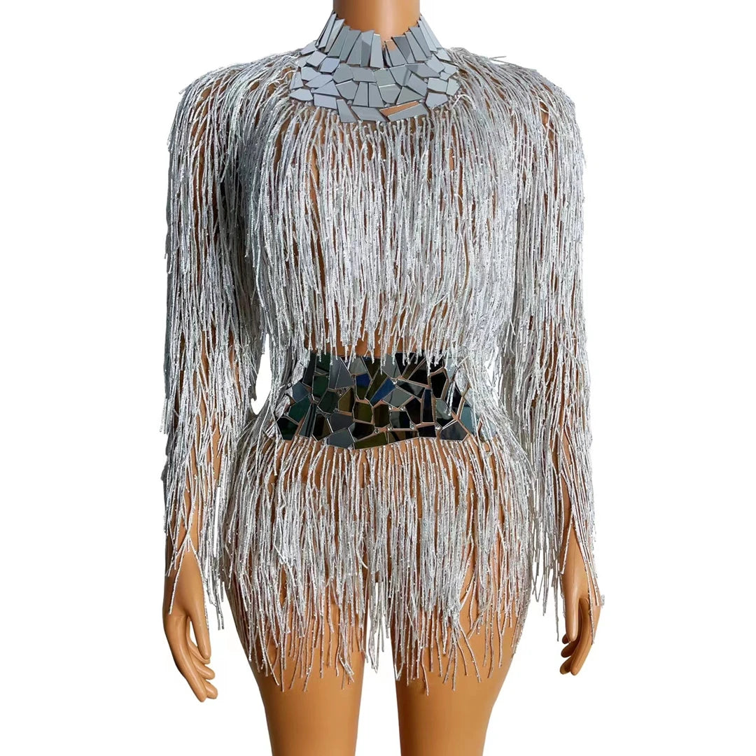 Fashion Sequin Tassel Night Club Party Bodysuit Women Backless Aerial Dance One Piece Short Jumpsuit Bodycon Rompers Show Outfit