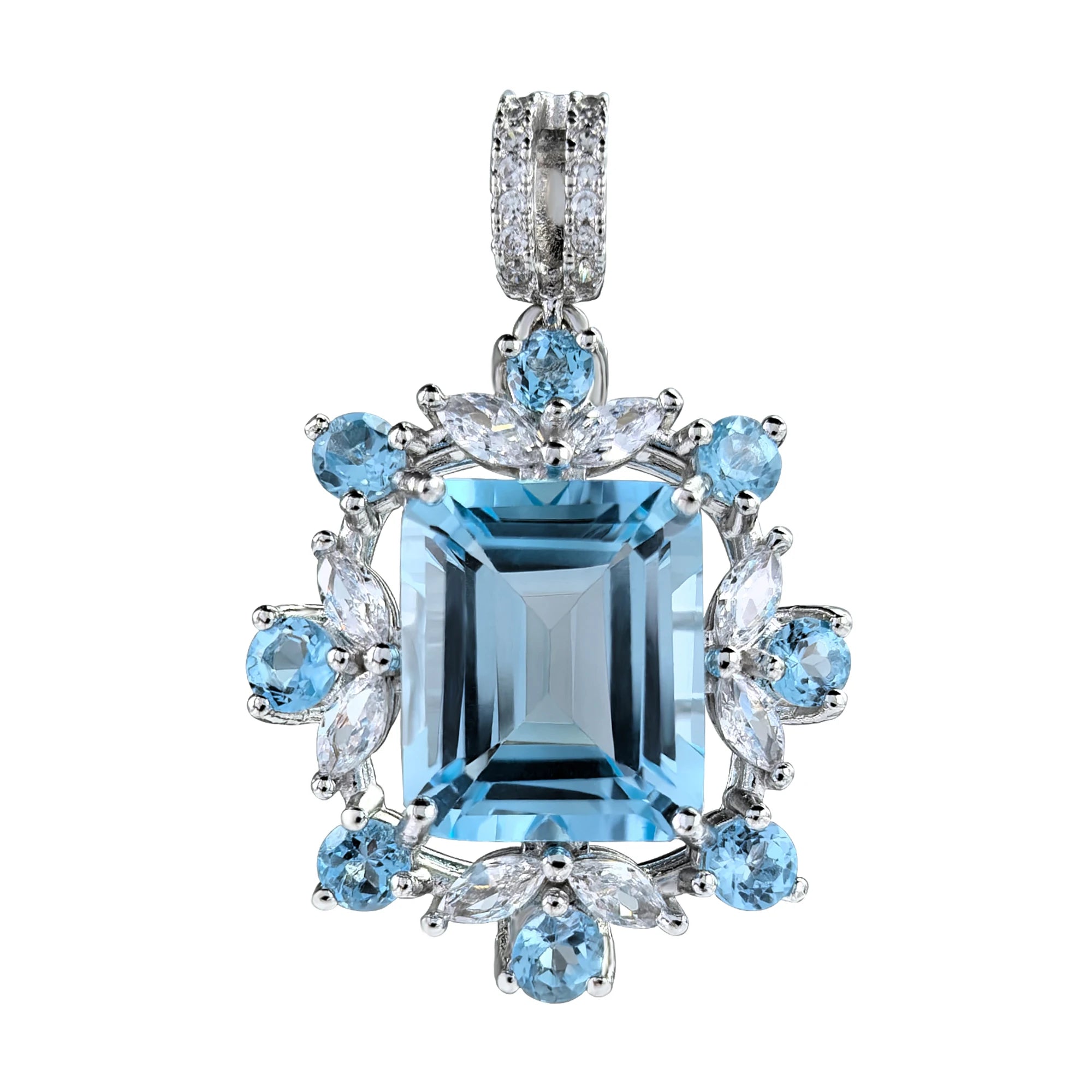 Delicate Rhodium Plated 925 Silver Fine Emerald Cut Natural Sky Blue Topaz Pendant for Women As Gift