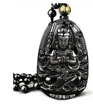 Wholesale Protection Black Thai Beads Antique Jade Big Buddha Glass Guan Yin Pendants Religious Jewelry Necklace