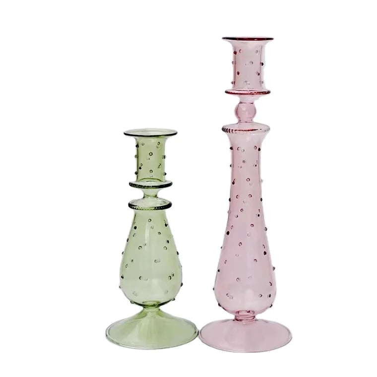 Custom Made Egyptian Lovely Hand-blown Colored Long Stem Glass Candlestick Holder with Decorative Dots
