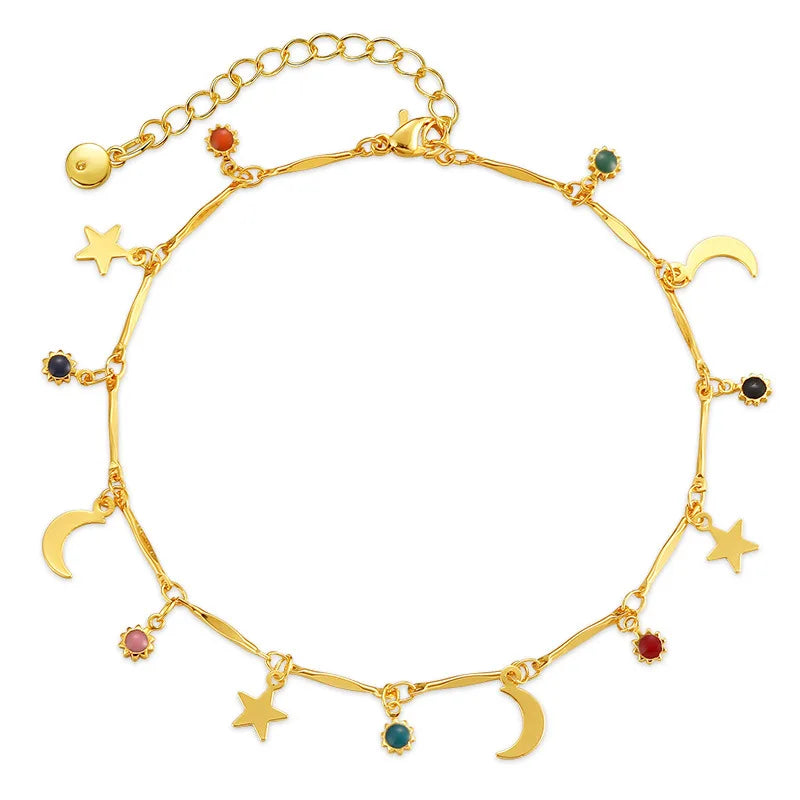 Fashion Trendy Korean Brass Alloy Moon and Star Drop Zircon Beads Charm Dangles Anklet Tassels Foot Ankle Bracelet Jewelry