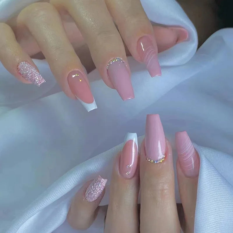 Luxury French Nails 24pcs Fake Nails Long Length Ballerina Rhinestone pink Purple Gel Press on Nails
