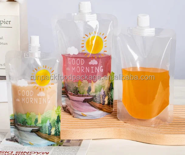Custom Printed 250ml 350ml 500ml 1L Soft Fruit Juice Stand up Pouch Reusable Liquid Juice Packaging with Spout Beer Champagne