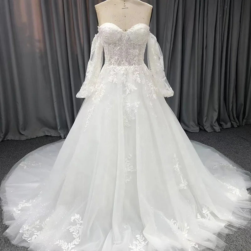 Jancember QX03 Beach Lace Off Shoulder Sweetheart Wedding Dresses With Tail