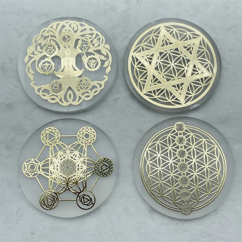 Wholesale Round Selenite Charging Plate Gold 7 Chakra Selenite Crystal Plate Slice