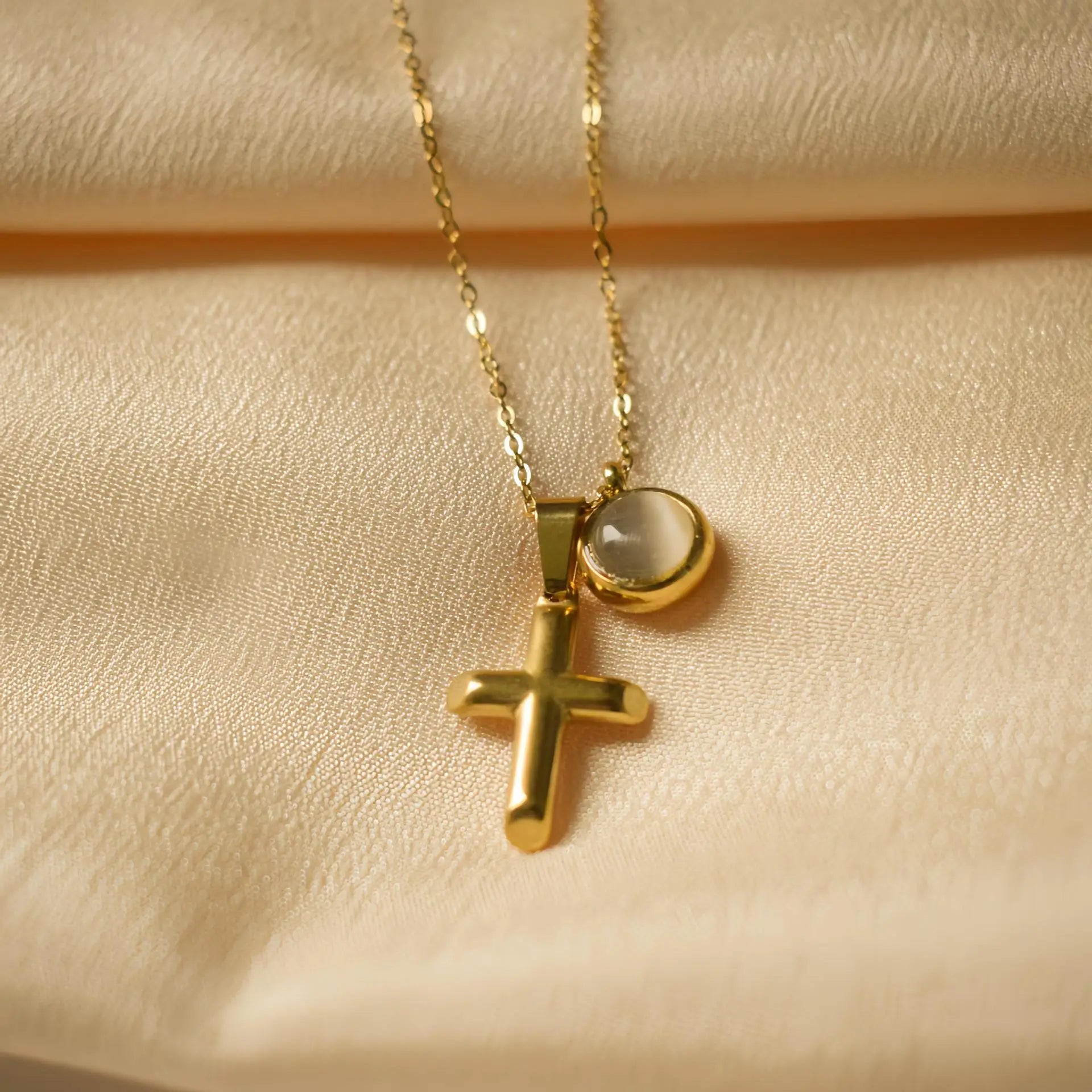 Fashion Gold Stainless Steel Conical Lucky Cross Opal Pendant Necklace for Ladies