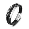 MECYLIFE Stainless Steel Bent Bar Engraved Three Layers Genuine Leather Men Bracelet