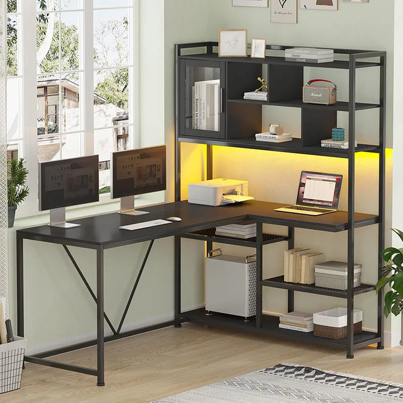 L-shaped Corner Home with LED Lights Desk Hutch Integrated Office Desk Sub