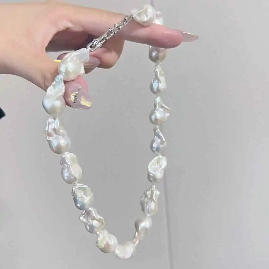 S925 Pure Silver Platinum Plated Horseshoe Buckle AAAA Grade Baroque Shape 12-16mm Natural Freshwater Pearl Unisex Necklace