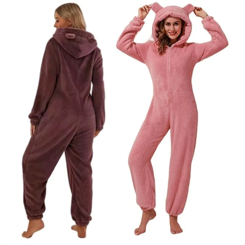 Fluffy Women Plush Warm Sleepwear One-piece Zipper Hooded Jumpsuit New Autumn Winter Lady Casual Home-wear Sleepwear MegaBDM