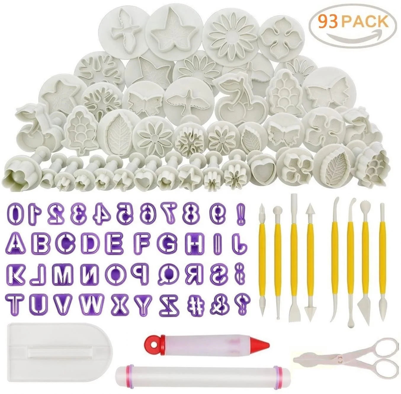 93pcs Cake Decorating Tool SetSugarcraft Cookie Mould Icing Plunger Modelling Cutter ToolAlphabet Letters Rolling PinScissors