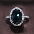 Huitan Customized Noble Hollow Anillos Woman Super Large Oval Pure Royal Blue Gemstone Macro Pave Zircon Luxury Silver Rings
