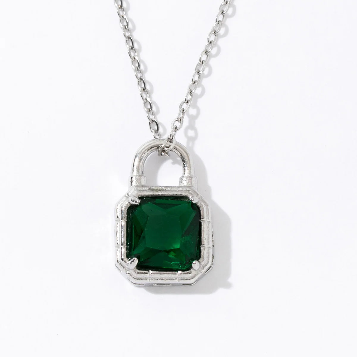 2025 Women Trendy Jewelry 18K Gold Color Plated Stainless Steel Green Zircon Lock Shape Pendant Necklace