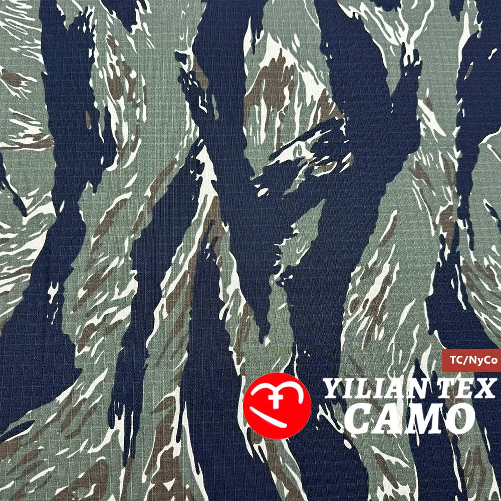 Tiger Stripe Camo Tropical Jungle OEM ODM CVC 50 Cotton 50 Polyester Camo Waterproof Fabric Own Print 245GSM Camouflage Fabric