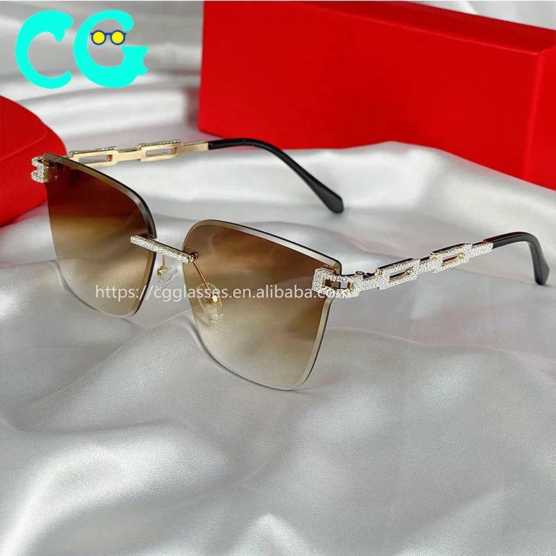 2022 Fashion Brand Design Vintage Rimless Rhinestone Sunglasses Women Men Retro Cutting Lens Gradient Sun Glasses Female UV400