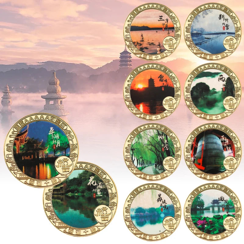 China Famous Scenic Spot West Lake Coin Metal Crafts Zinc Alloy Gold Plated Coin Souvenirs for Tourist