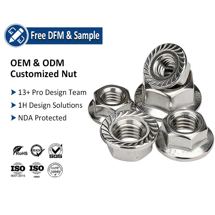 DIN 6923 Hex Flange Nut Stainless Steel 304 A2-70 A4-80 SS304 SS316 Hexagon Flange Lock Nut With Serrated